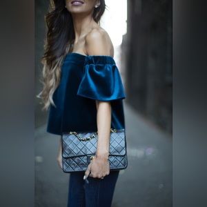 Topshop blue velvet Bardot crop top off the shoulder